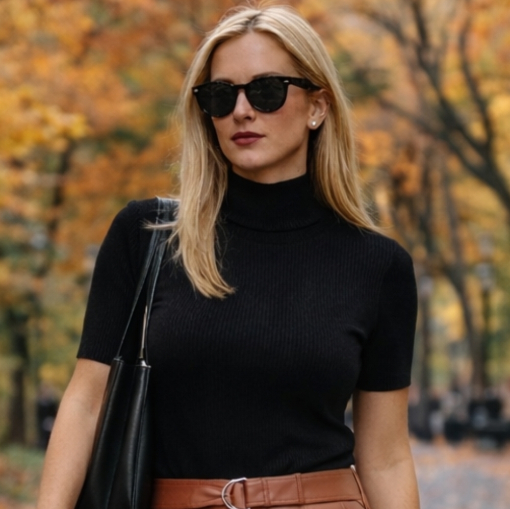 CBK 90s Black Turtleneck Short Sleeve Top - Picture 2 of 3